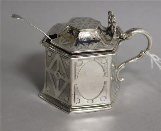 A Victorian engraved silver hexagonal mustard, by The Angells, London, 1847, height 79mm.